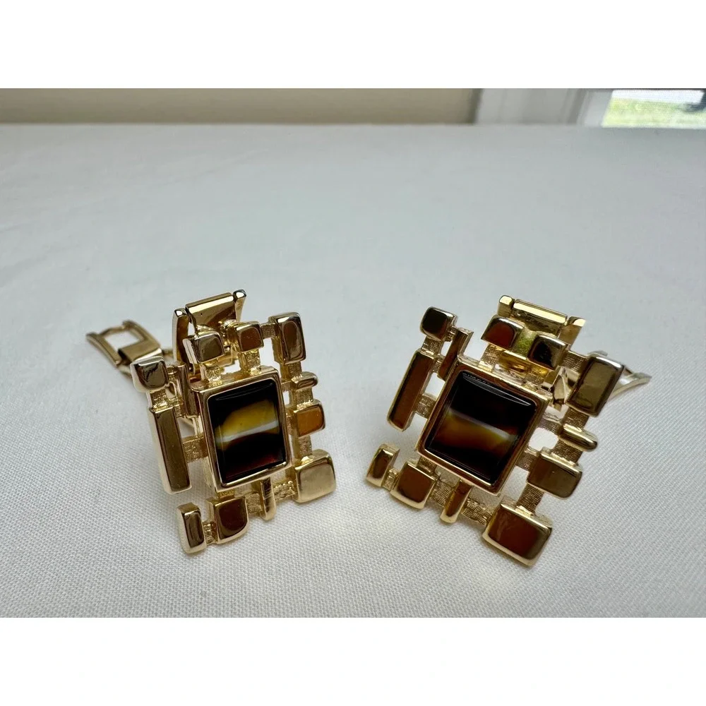 Vintage Hickok Brutalist Gold Tone Tiger Eye Look Cufflinks Oleg Cassini Box